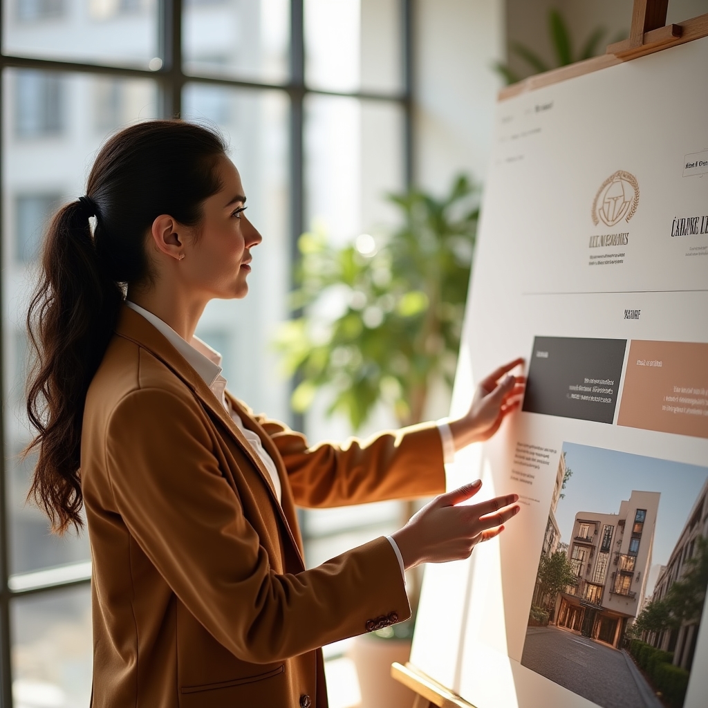 Designer presenting a real estate brand identity system with logo, colors, and typography laid out on a warm-toned presentation board