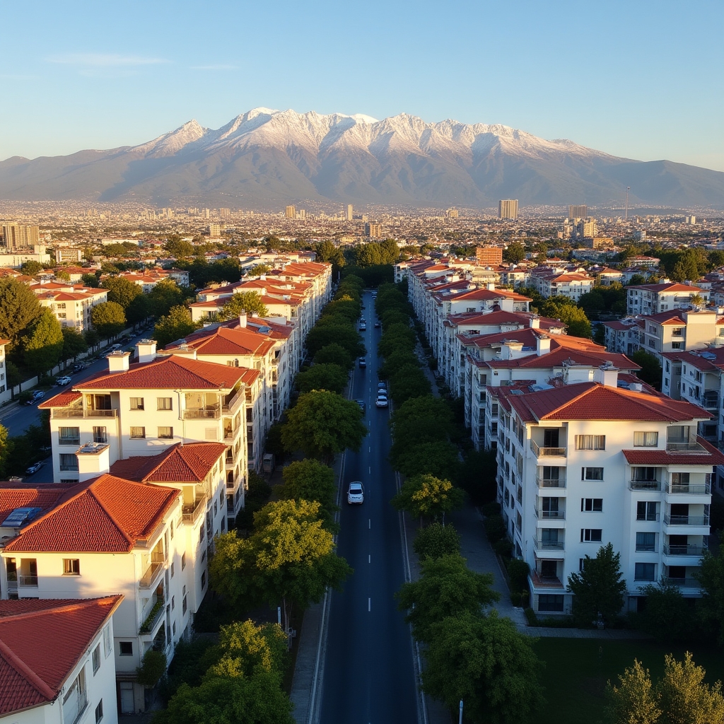 Aerial view of a Chilean city skyline with modern residential buildings, mountains in the background, warm afternoon light casting long shadows across the urban landscape