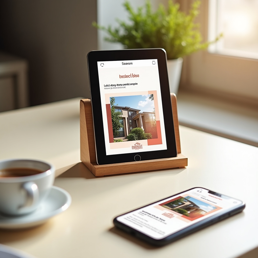 Digital brand assets for a real estate project displayed on a tablet and phone screen — social media templates with warm color palette, consistent typography, and project imagery