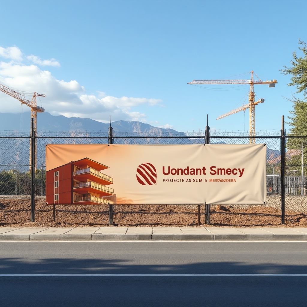 Construction site perimeter with professional real estate project branding — large mesh banner with logo, project name, and warm color palette visible on a sunny day in Santiago
