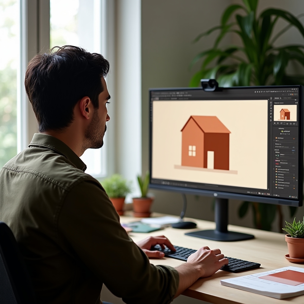 Designer working at a well-organized desk with dual monitors showing brand design files, warm terracotta and cream color palette visible on screen, natural light from a window on the left, plants and architectural references in the background