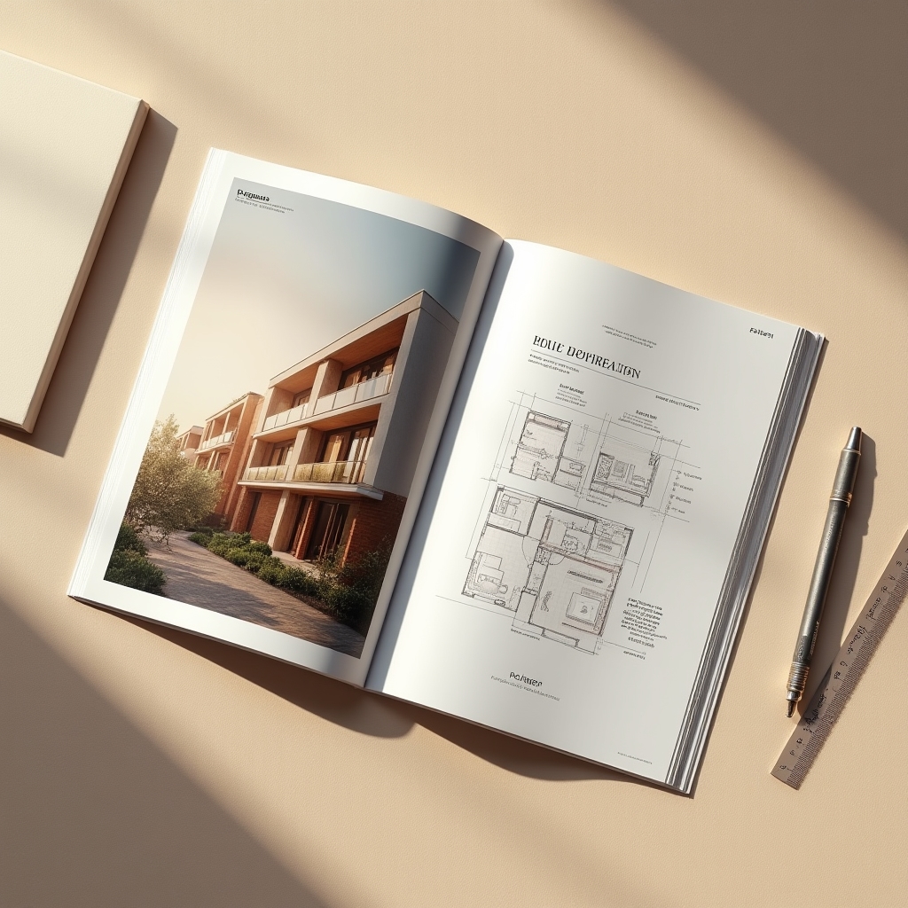 Elegant real estate sales brochure open on a warm cream desk, showing floor plan layout and project photography with professional typography and terracotta accent colors