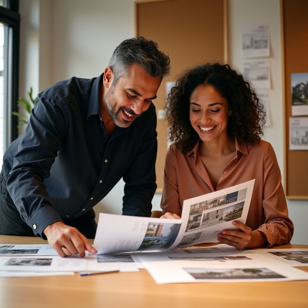 Two designers reviewing real estate branding materials on a large desk with printed mockups, warm office lighting, focused and engaged expressions